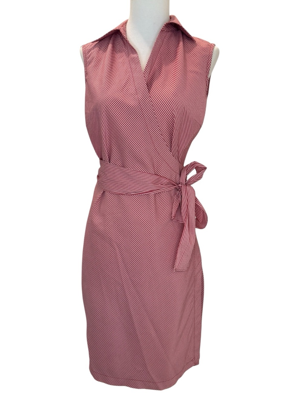DKNY Red  Checkered Sleeveless Wrap-Style Midi Dress with Tie Belt SZ 4